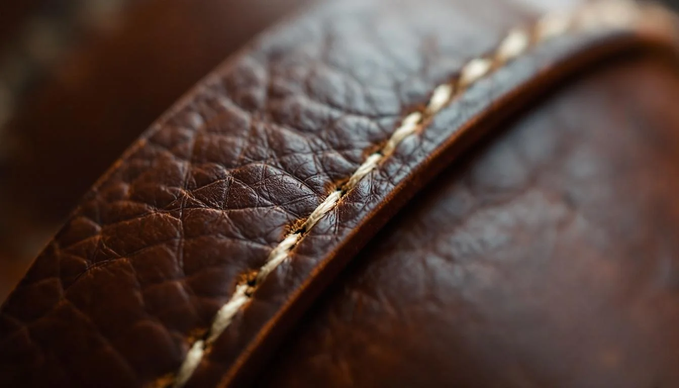 Close-up of full-grain leather and hand stitching on a minimalist wallet