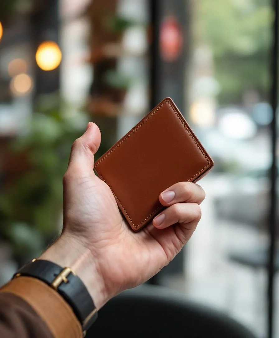 A slim brown leather minimalist wallet held in hand at a coffee shop